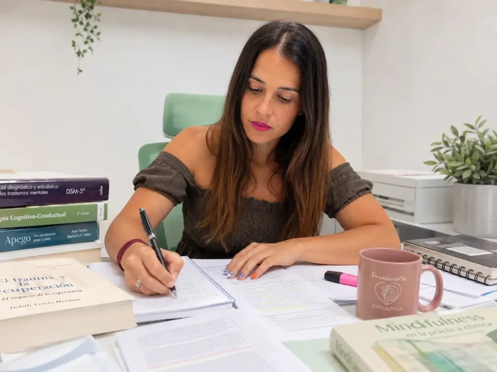 Arancha Clares estudiando y preparando material de formación clínica